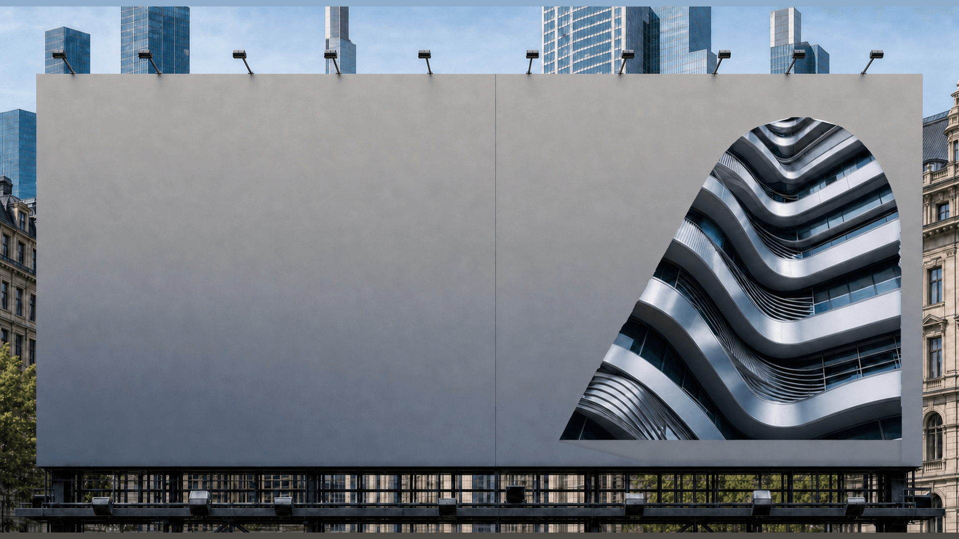 nereo-Werbetafel an einer Frankfurter Fassade, ein Bogen gibt den Blick auf fließende Architektur frei